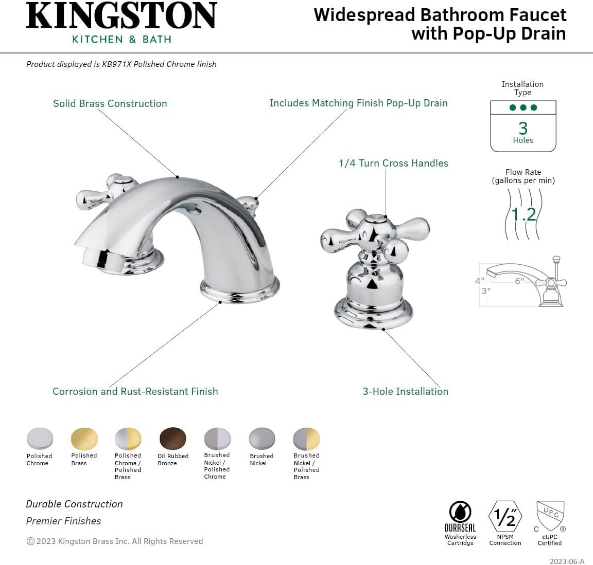Kingston Brass Victorian Two-Handle 3-Hole Deck Mount Widespread Bathroom Faucet with Retail Pop-Up Drain
