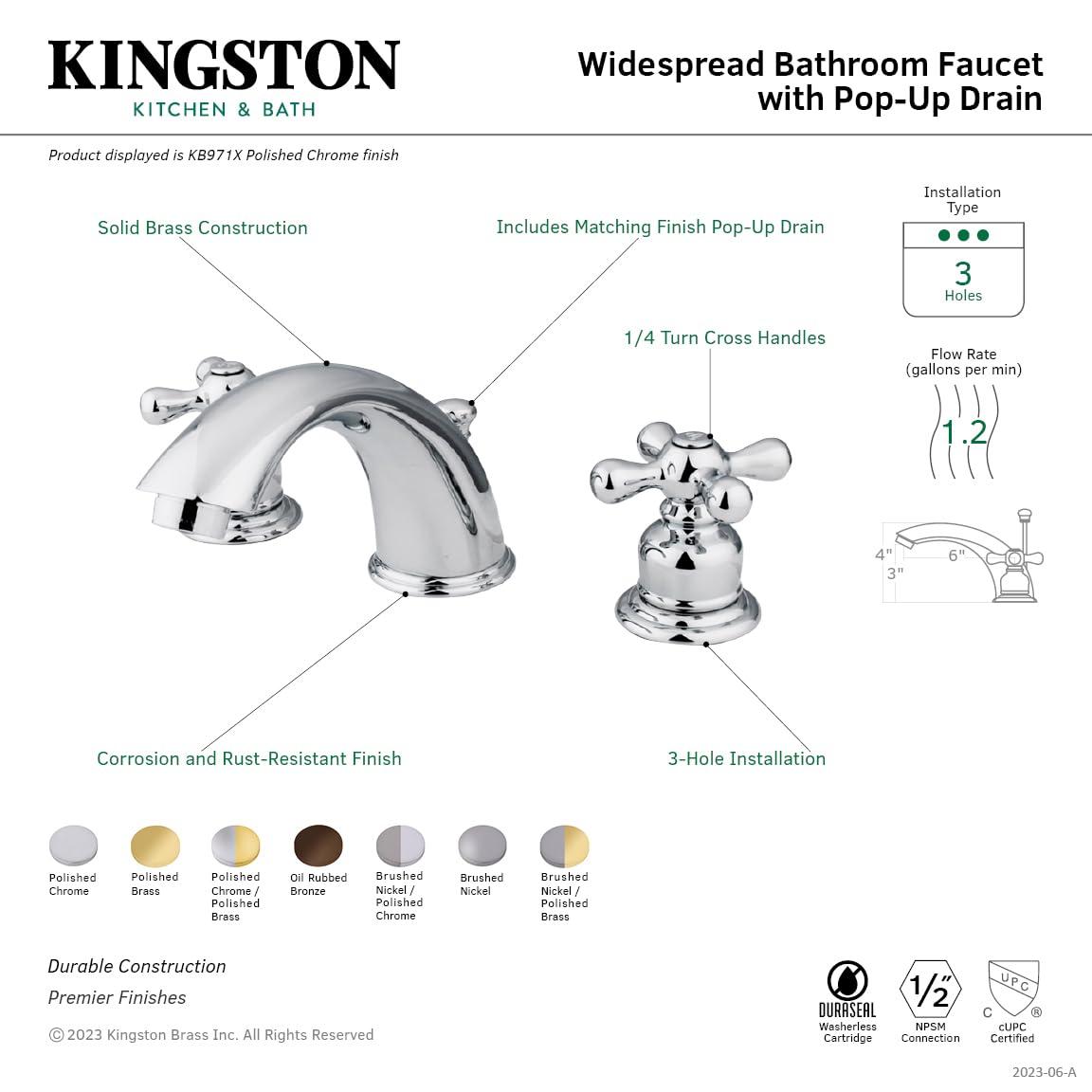 Kingston Brass Victorian Two-Handle 3-Hole Deck Mount Widespread Bathroom Faucet with Retail Pop-Up Drain