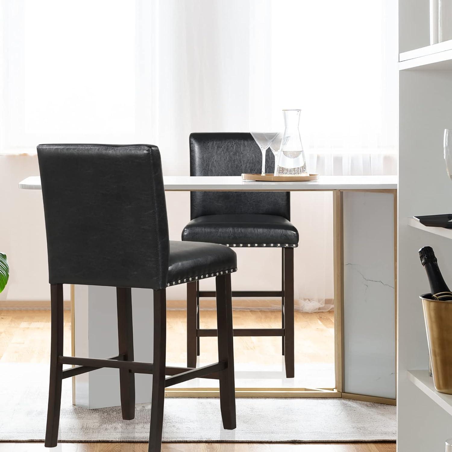 Set of 2 Gray Leather and Wood Bar Stools with Rivet Details