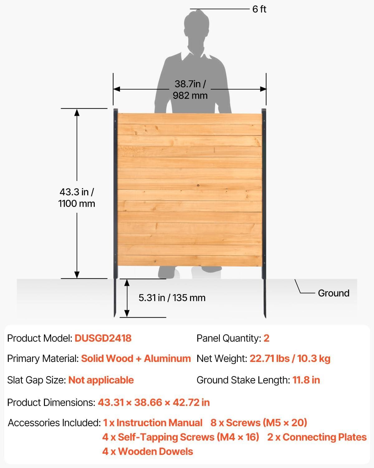 VEVOR Wood Privacy Fence, 38" W x 42" L, 2 Panel Solid Air Conditioner Fence Screen, Pool Equipment Enclosure with Metal Stakes, Easy DIY Installation, Outdoor Trash Can Hider for Garden Decoration