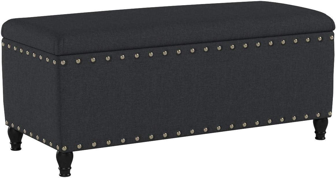 Evvy Charcoal Velvet Storage Ottoman with Nailhead Accents