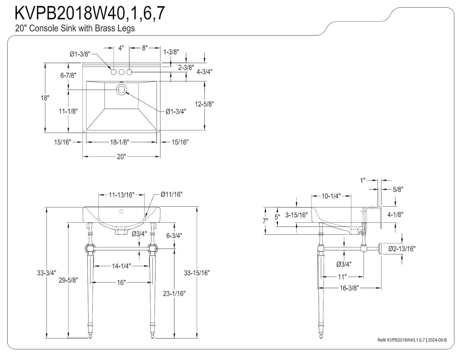 Kingston Brass Edwardian 20-Inch Porcelain Console Sink with Brass Legs (4-Inch, 3-Hole)