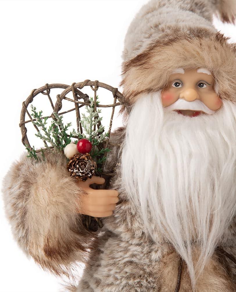 12-Inch Faux Fur Santa Figurine with Lantern and Wreath