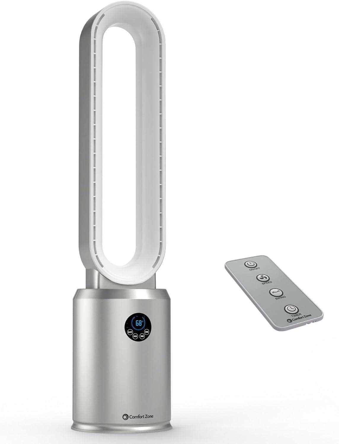Comfort Zone 40" Bladeless Tower Fan with Remote Control, 9H Timer, Wide Area Oscillation, Push Button Digital Display, 3 Speeds, Silver