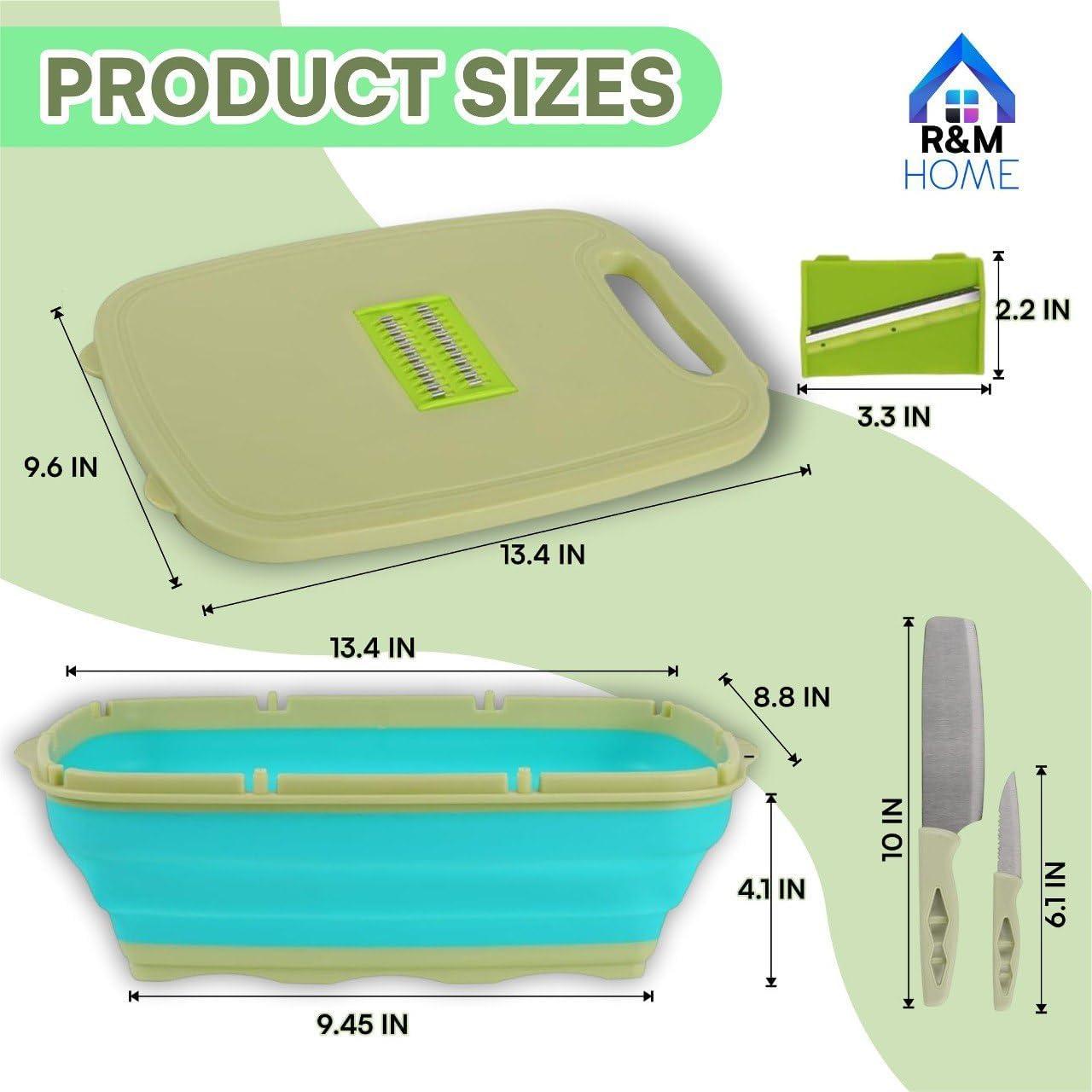R&M HOME Green Plastic Multi-Functional Folding Cutting Board, 9-in-1 with Grating, Chopping, Slicing, Cutting, and Washing Functions for Vegetables and Fruits, Knife-Safe, Perfect for Kitchen.