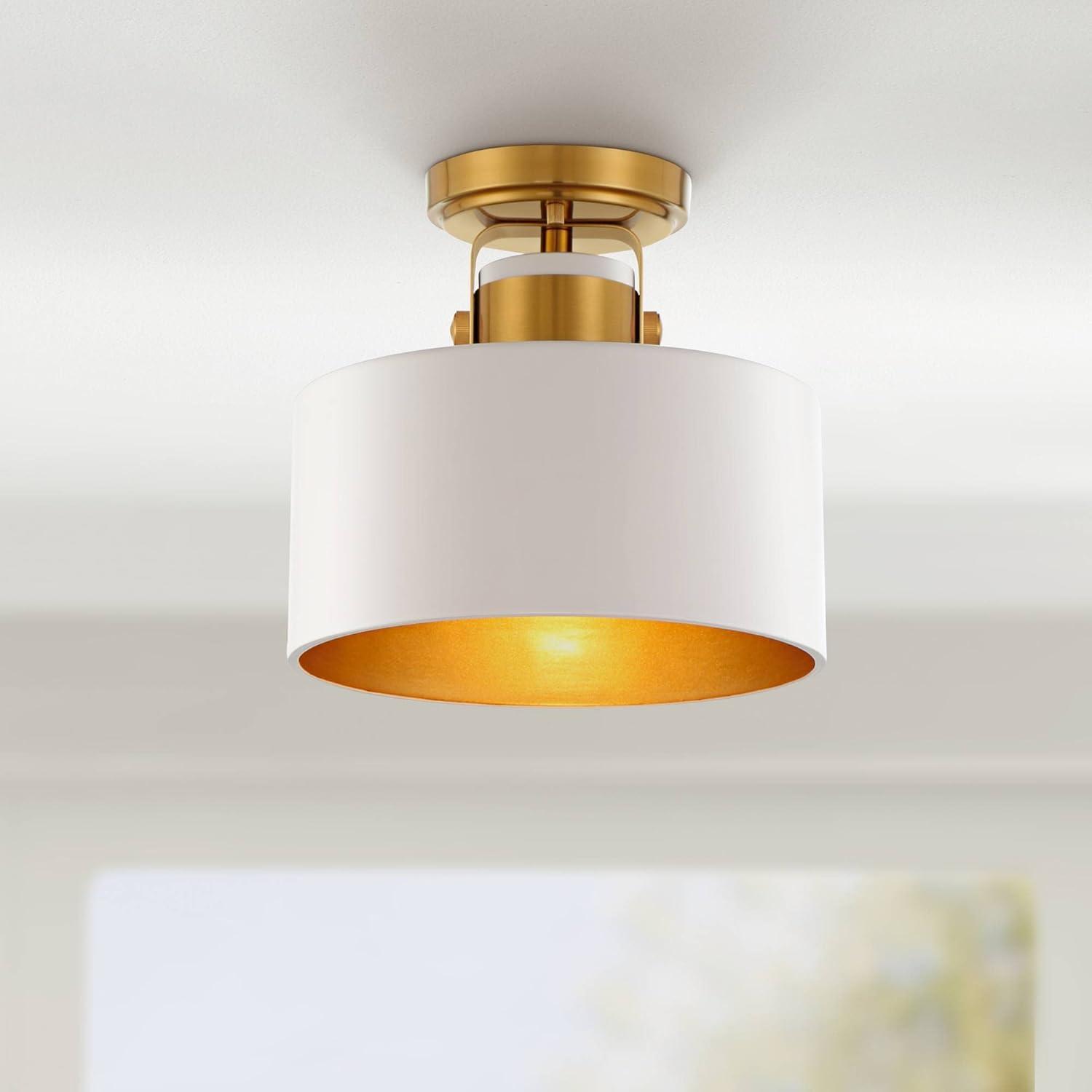 Possini Euro Design Courtney Modern Ceiling Light Semi Flush Mount Fixture 10" Wide Soft Gold Metal White Drum Shade for Bedroom Kitchen Living Room