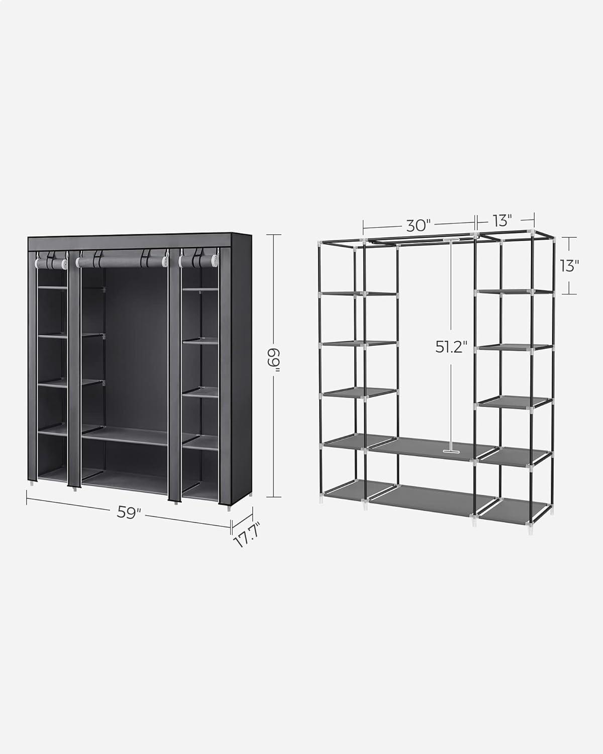 SONGMICS 59" Closet Wardrobe Portable Closet Organizer Storage Clothing Rack Shelf with Non-Woven Fabric Cover Gray