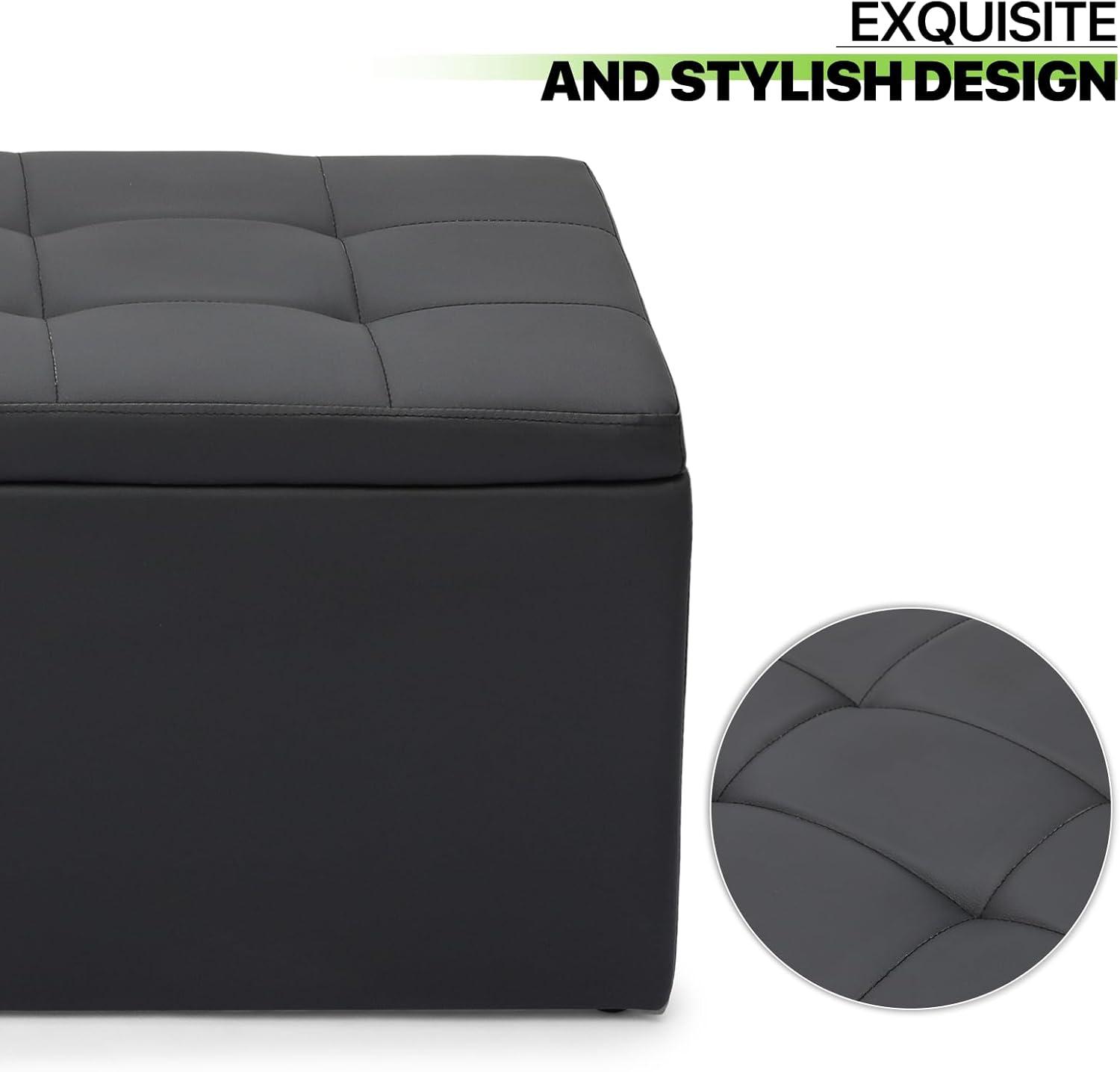 Magshion Rectangular Storage Ottoman Bench Tufted Footrest with Cube Ottomans Set of 3 PU Leather Black