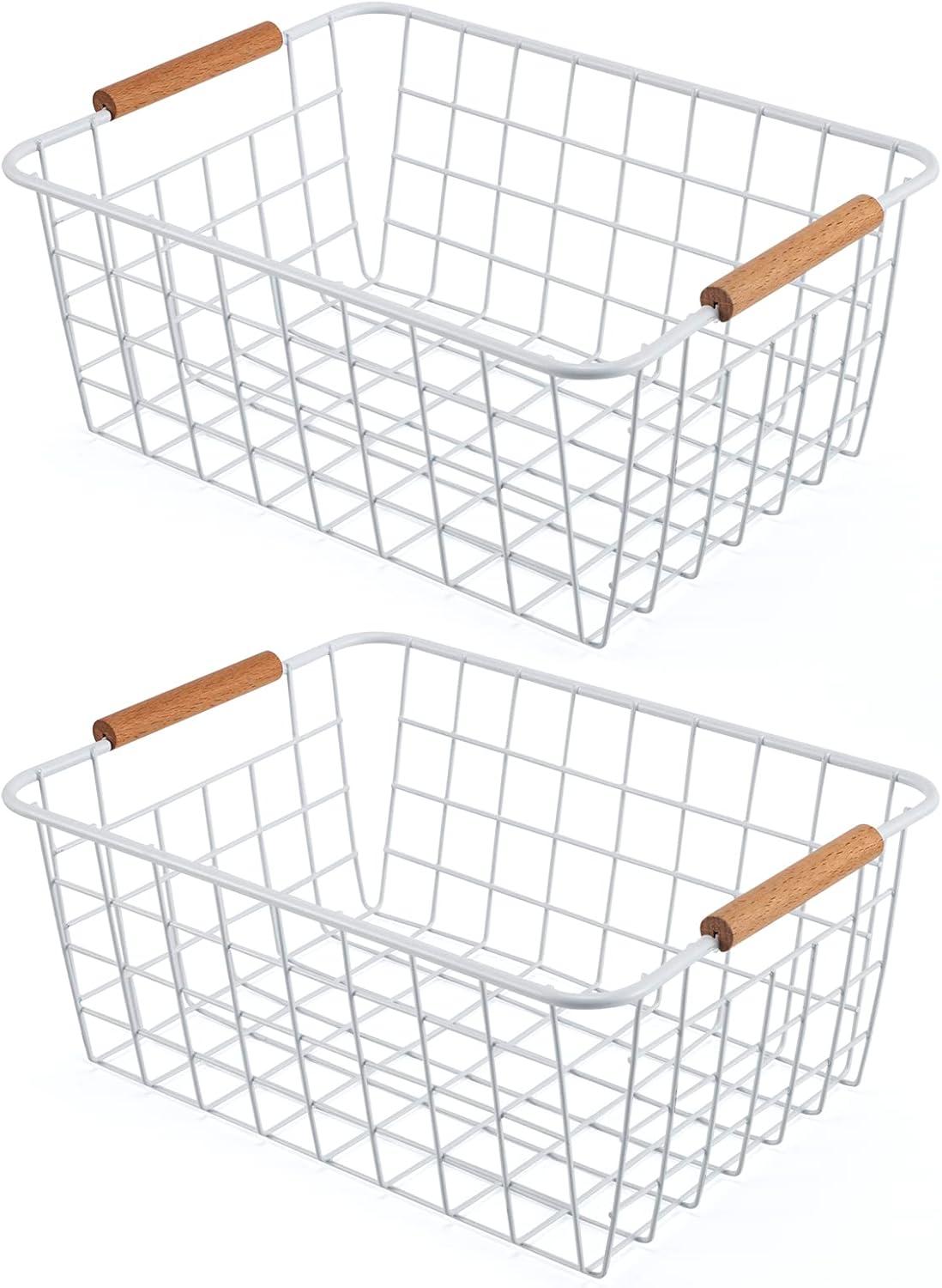 White Powder Coated Metal Wire Baskets with Wooden Handles - Set of 2