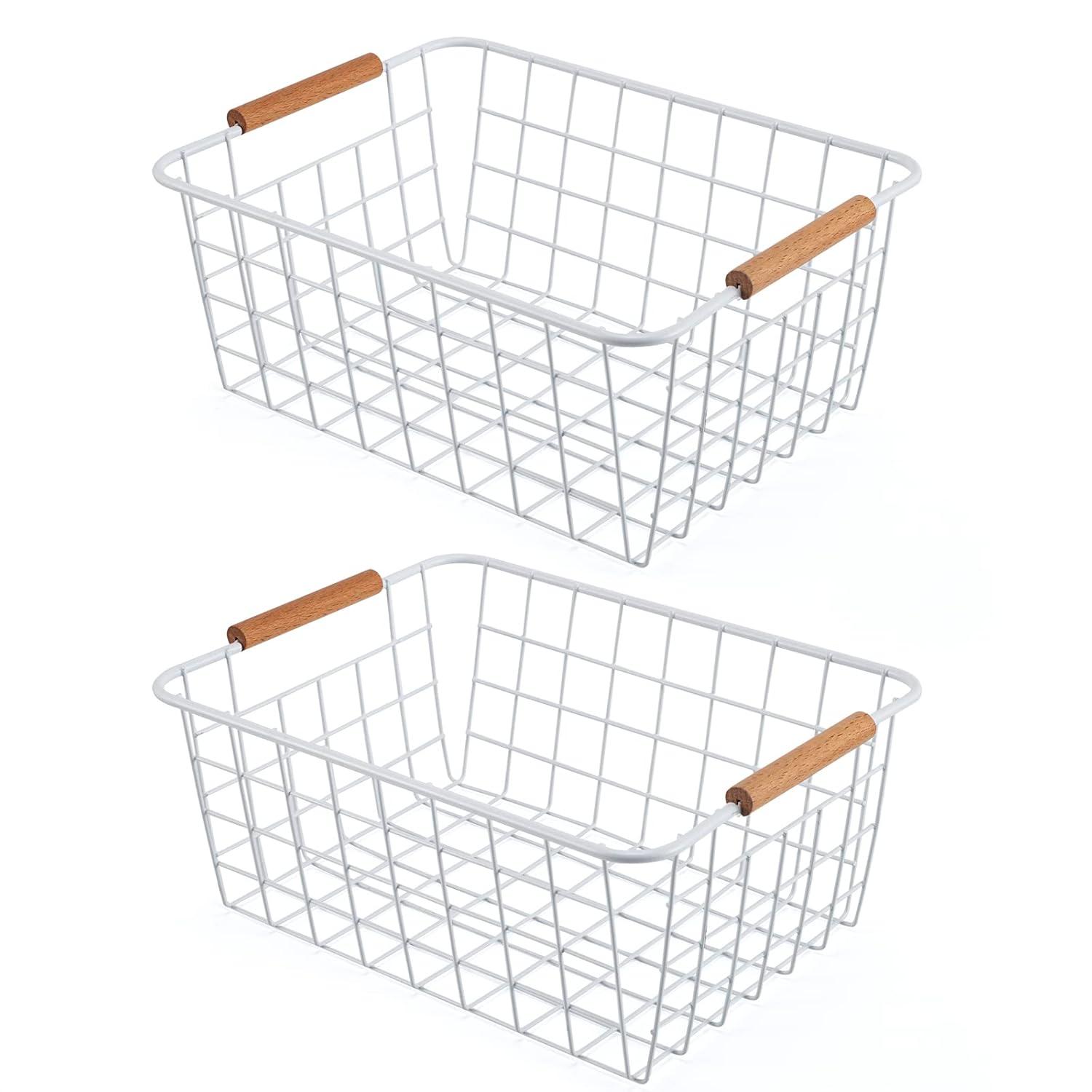 Wire Basket 2 Pcs Wire Storage Baskets Wire Baskets Organizing with Wooden Handles Wire Basket Pantry Organization and Storage Metal Wire Food Storage Basket for Kitchen, Cabinets (White 2PCS)