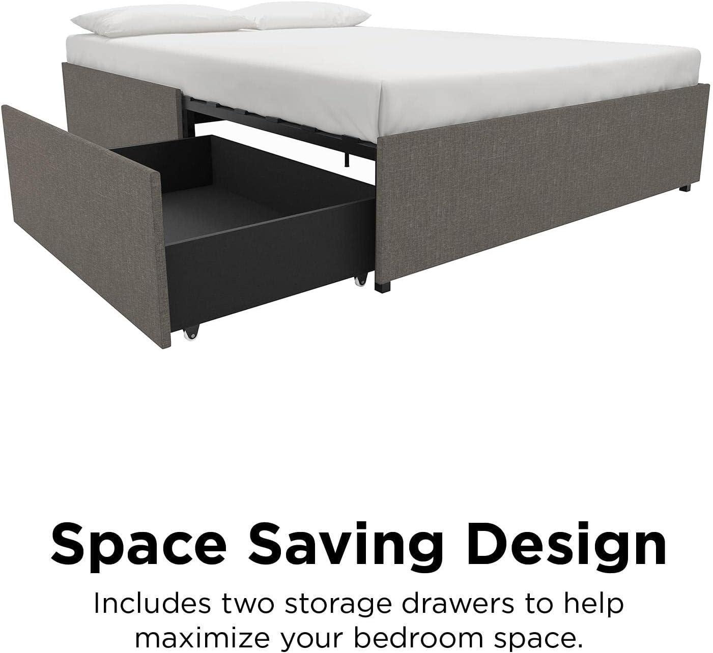 Full Grey Linen Upholstered Platform Bed with Storage Drawers