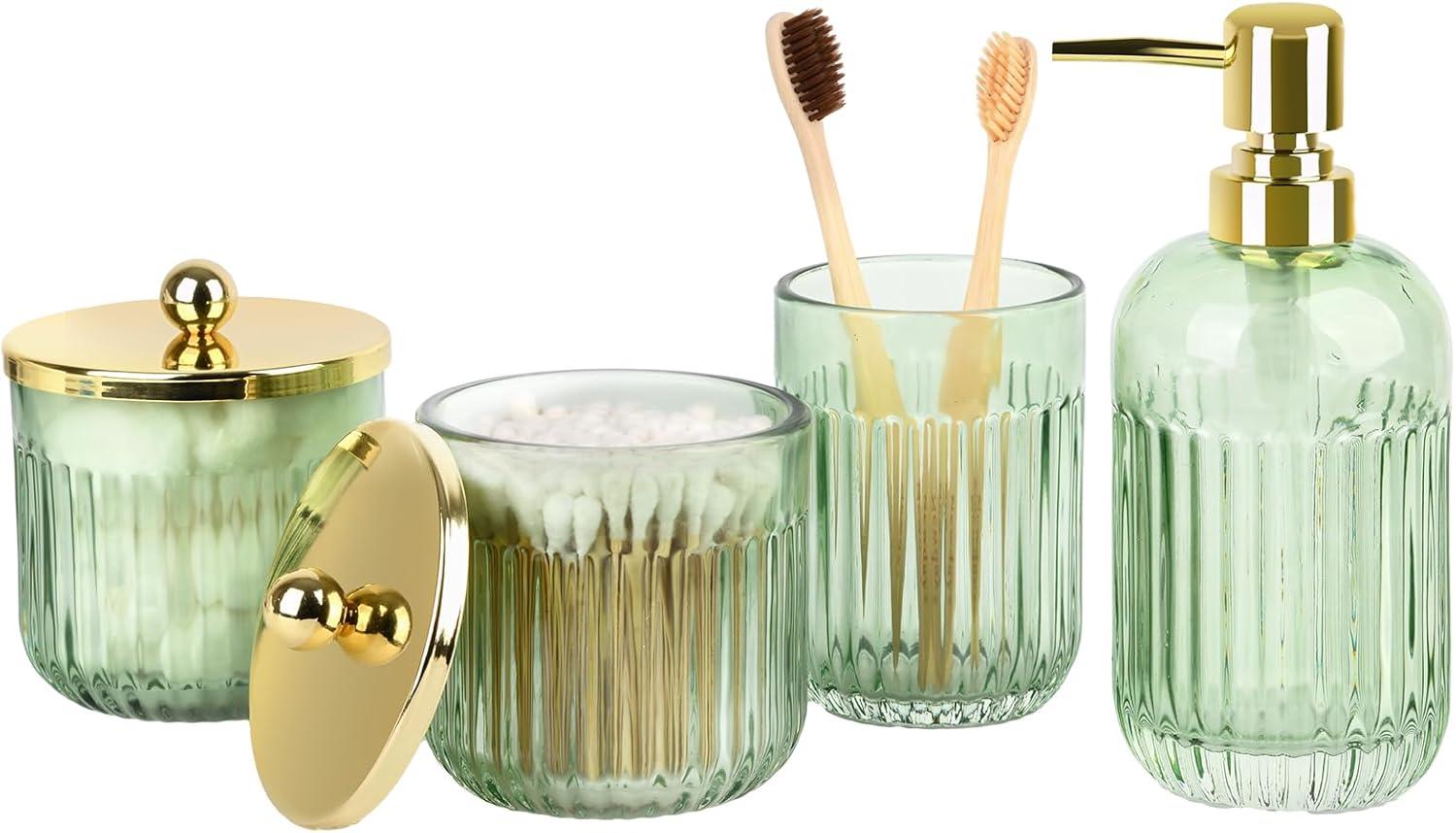 Green Glass Bathroom Accessories Set with Gold Accents, 4 Pieces