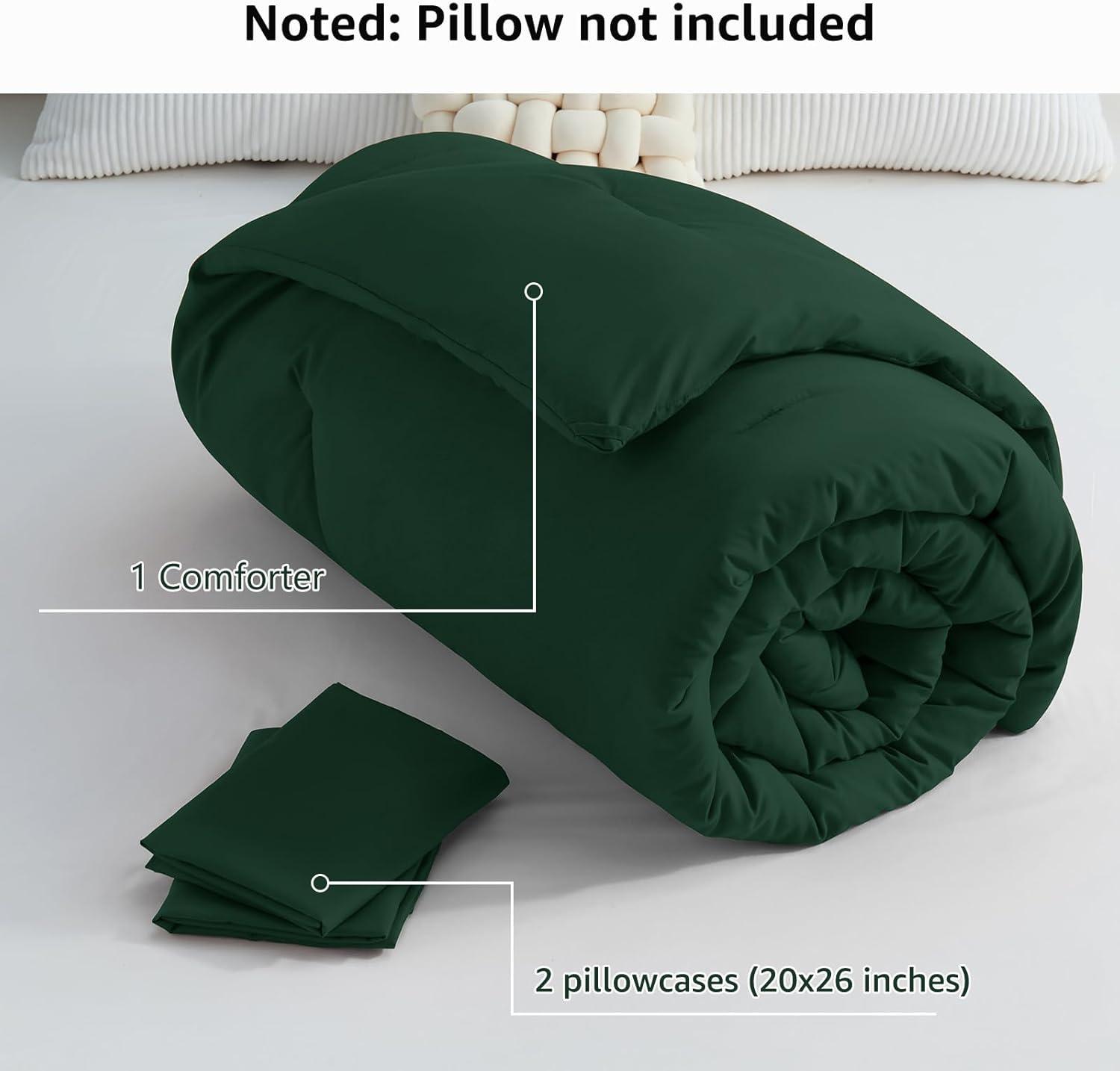 CozyLux Dark Emerald Green Queen Comforter Set, 3 Pieces Solid Breathable Quilted Bedding Sets, Luxury Fluffy Soft Bed Set with Down Alternative Comforter for All Season (1 Comforter & 2 Pillowcases)