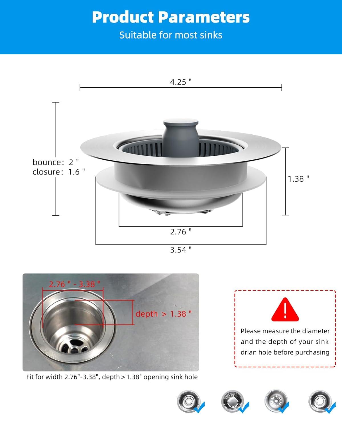 Hibbent 3-in-1 Kitchen Sink Drain Strainer  Stopper , Stainless Steel Pop-Up Design, Anti-Clogging Metal Basket with Handle, Compatible with US Standard 3-1/2" Drain
