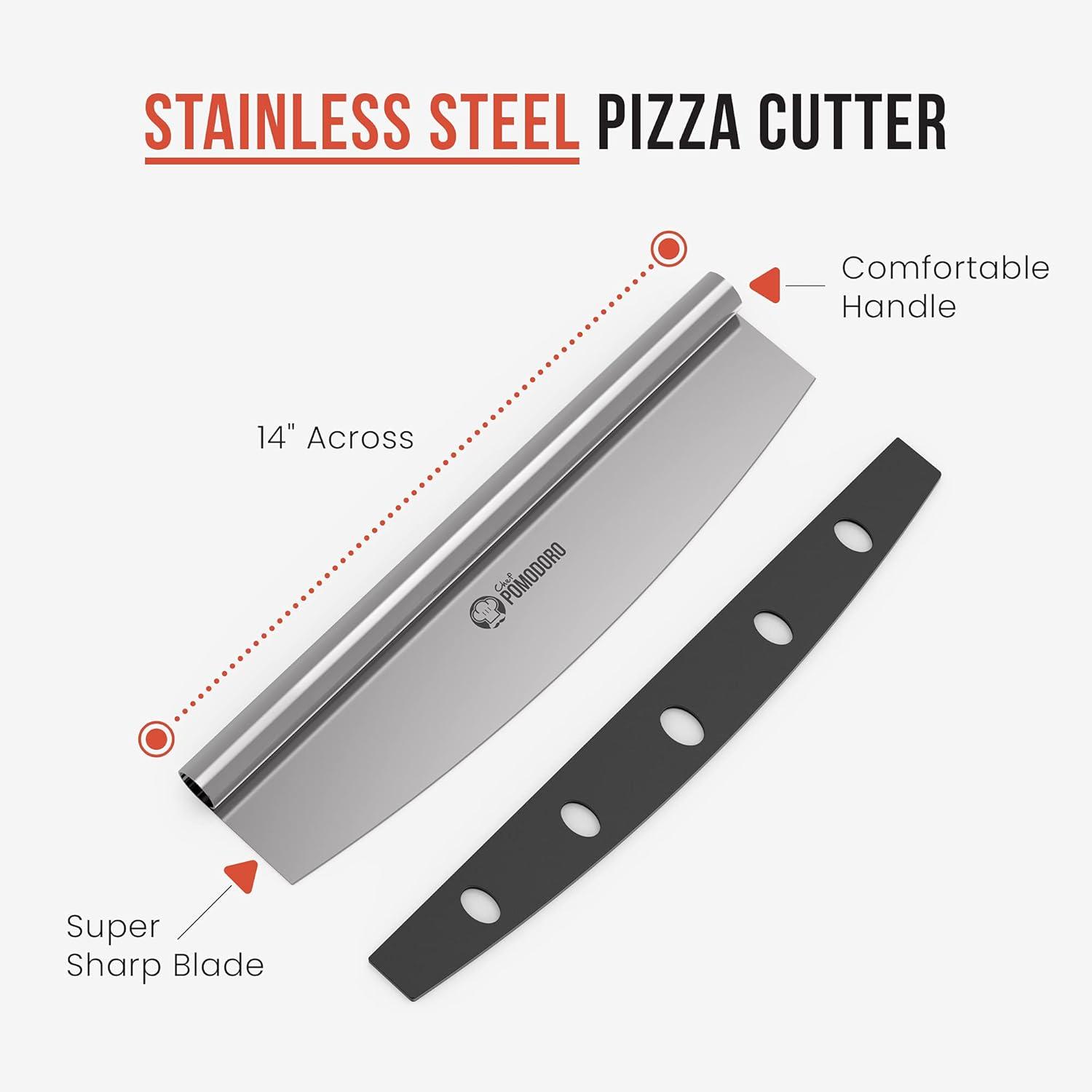 Chef Pomodoro Pizza Peel 12x14" & 14" Stainless Steel Pizza Rocker Cutter Set - Metal Pizza Peel Paddle, Pizza Spatula Paddle, Pizza Cutter Rocker Blade