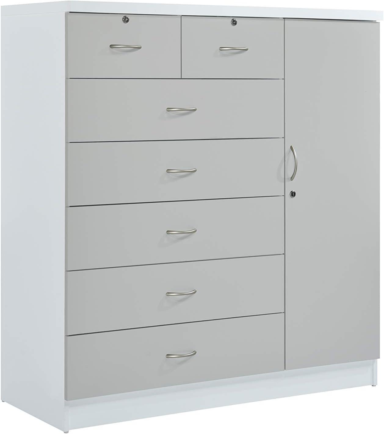 Hodedah 7-Drawer Chest with Locks on 2-Top Drawers plus 1-Door with 3-Shelves, Grey