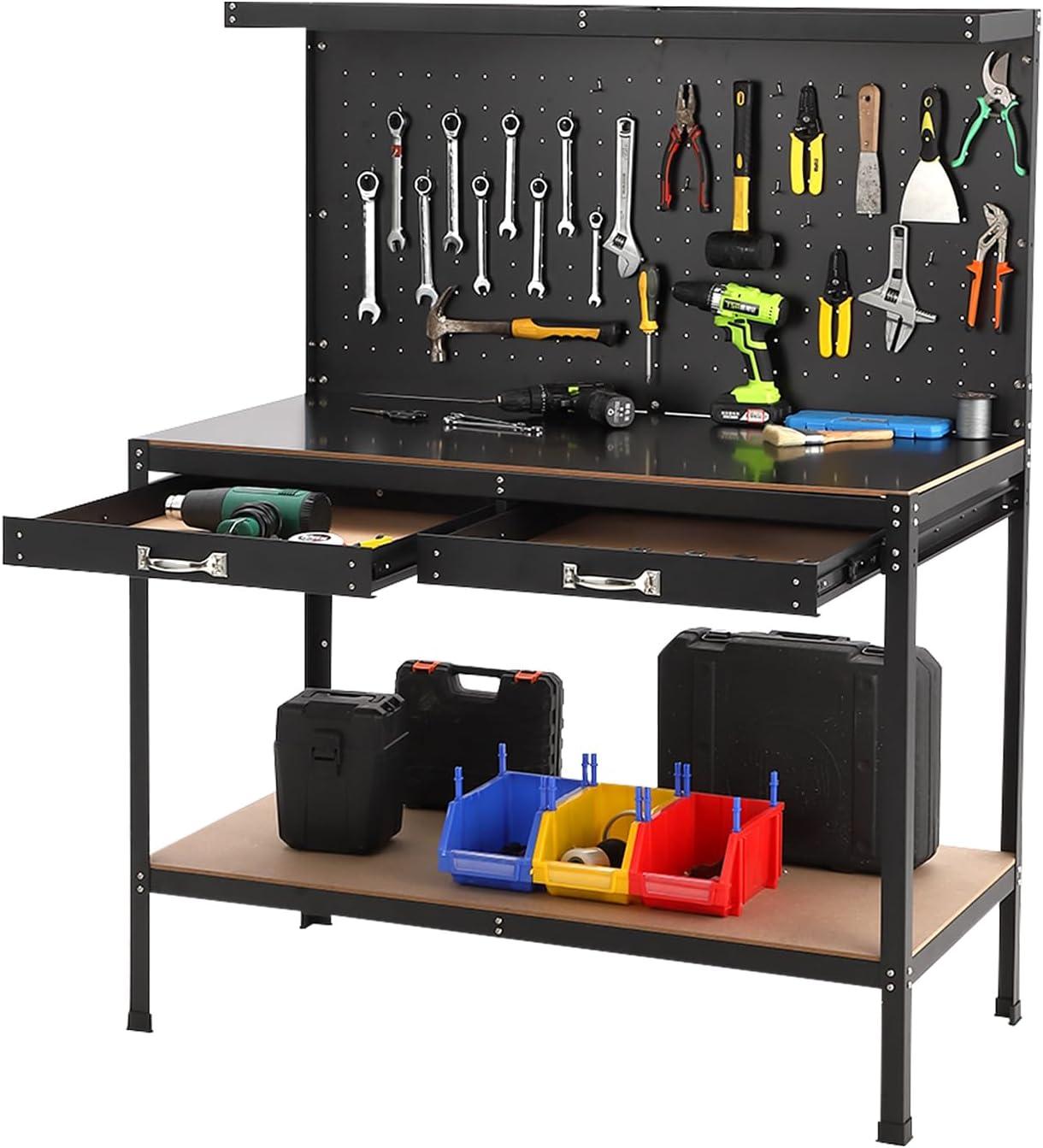 EastVita 61 Inch Workbench, Tools Cabinet Working Tables Workbench Tool Storage Workshop Table with Drawers and Pegboard,420lbs Weight Capacity,48.1" L×23.9" W×61" H