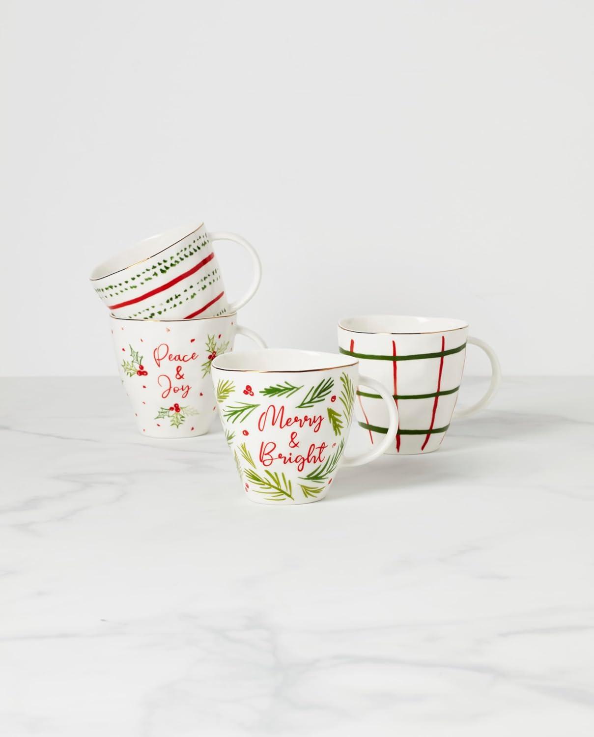 Ivory Ceramic Holiday Motif Mug Set, 12oz, Set of 4