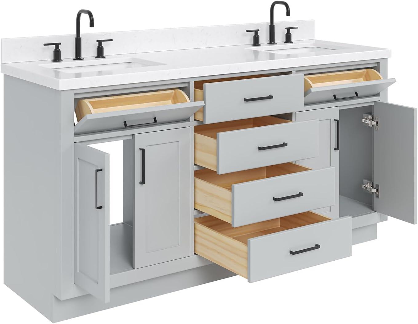 Wildon Home® Tidworth 66'' Solid Wood Double Bathroom Vanity with 1.5'' Carrara Quartz Top, Rectangular Sinks