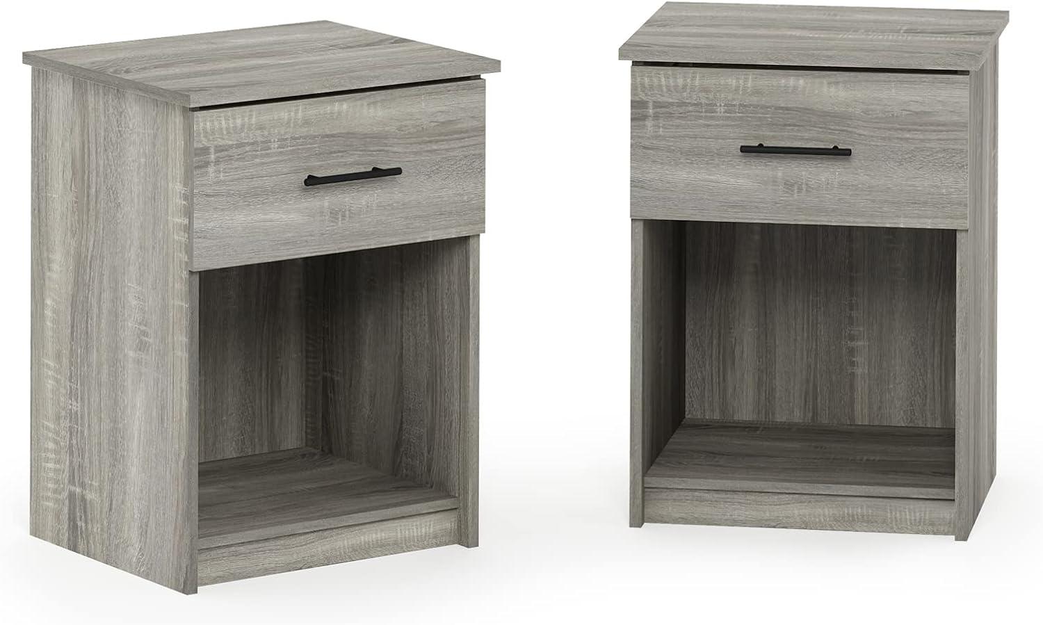 Furinno 2PCS Mid-Century Nightstand Multipurpose End Table Accent Side Table W/Drawer & Open Storage Cube for Bedroom,Living Room,French Oak Grey