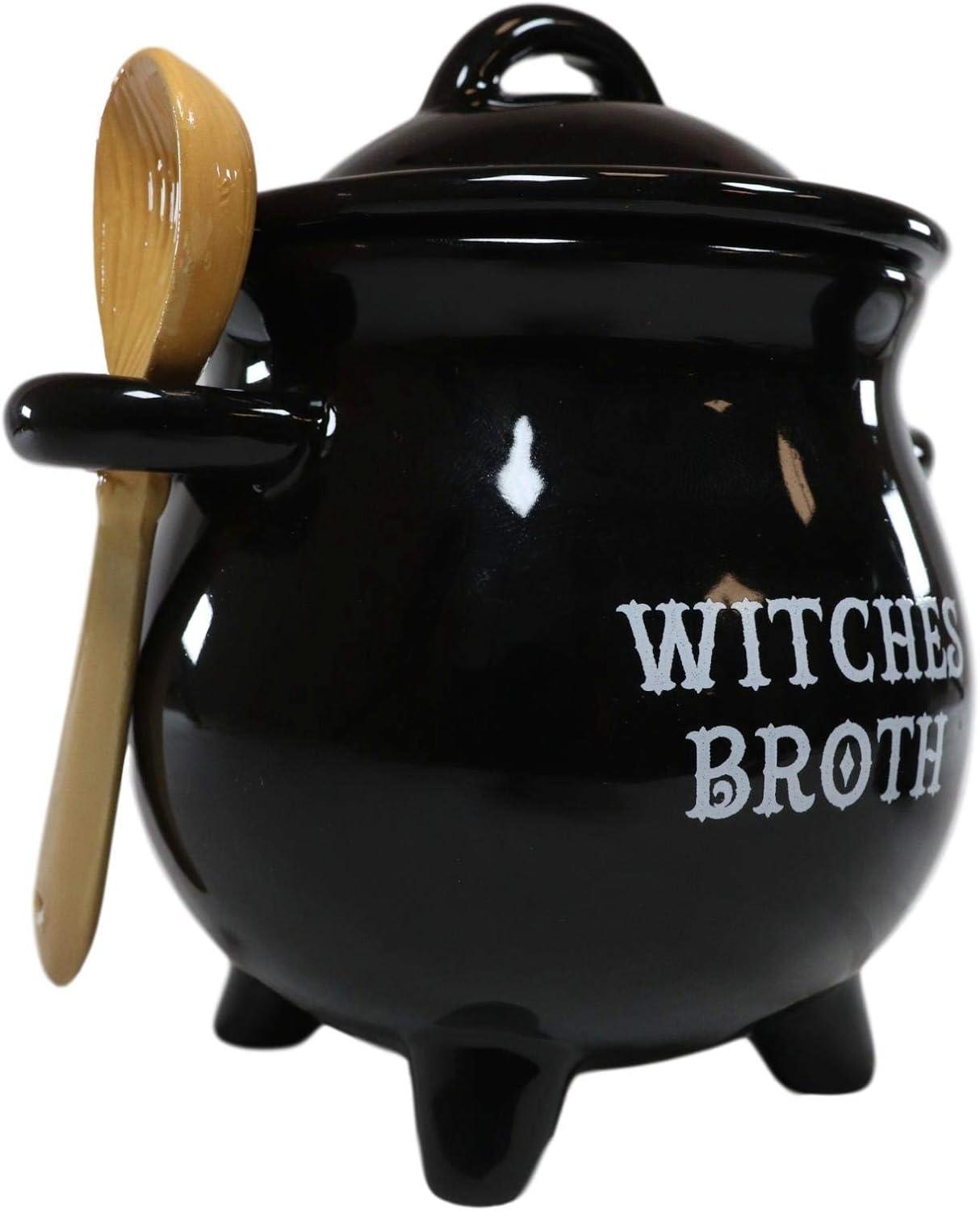 Pacific Giftware Witches Broth Cauldron Ceramic Bowl with Broom Spoon