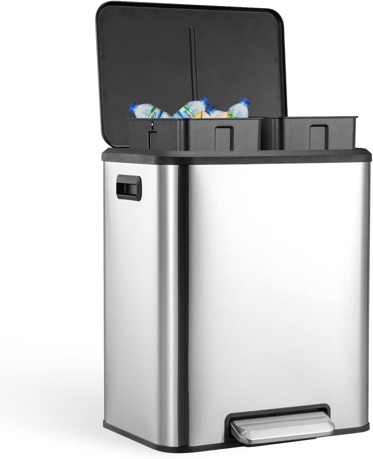 GlowSol Dual Trash Can for Recycling and Trash, Stainless Steel Kitchen Trash Can with Lid and Foot Pedal, Double Compartment Garbage Can, Trash Can with Recycling Bin (2 x 15 L)