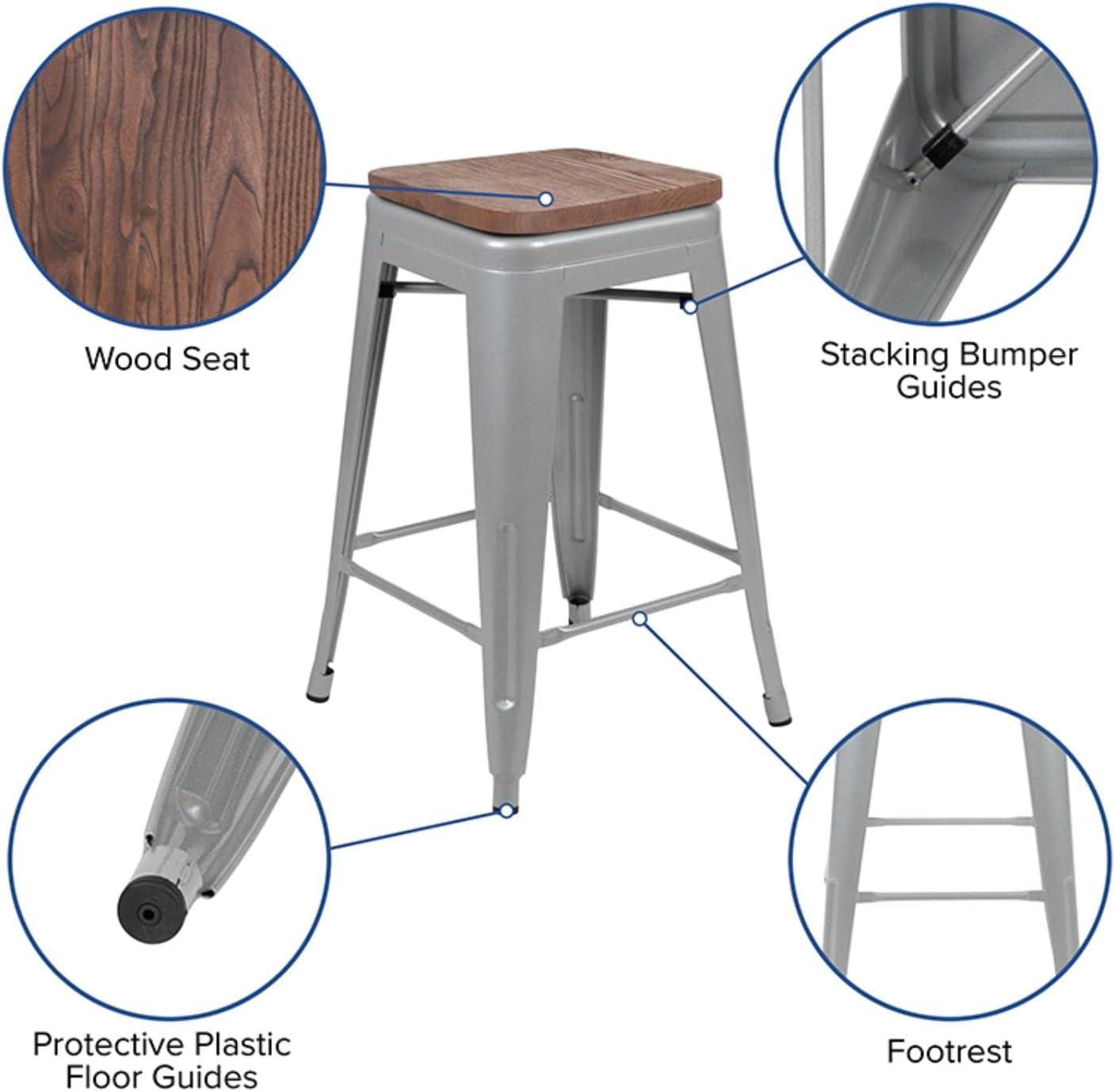 Flash Furniture 24" High Metal Counter-Height, Indoor Bar Stool with Wood Seat in Silver - Stackable Set of 4
