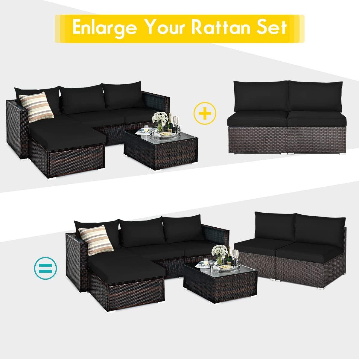 Costway 2PCS Patio Rattan Armless Sofa Sectional Furniture Conversation W/Black Cushion