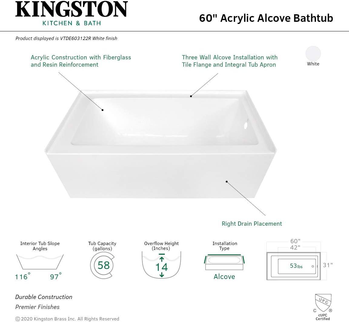 Kingston Brass Aqua Eden 60-Inch Acrylic Rectangular 3-Wall Alcove Tub