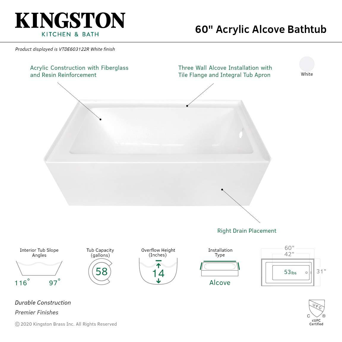 Kingston Brass Aqua Eden 60-Inch Acrylic Rectangular 3-Wall Alcove Tub