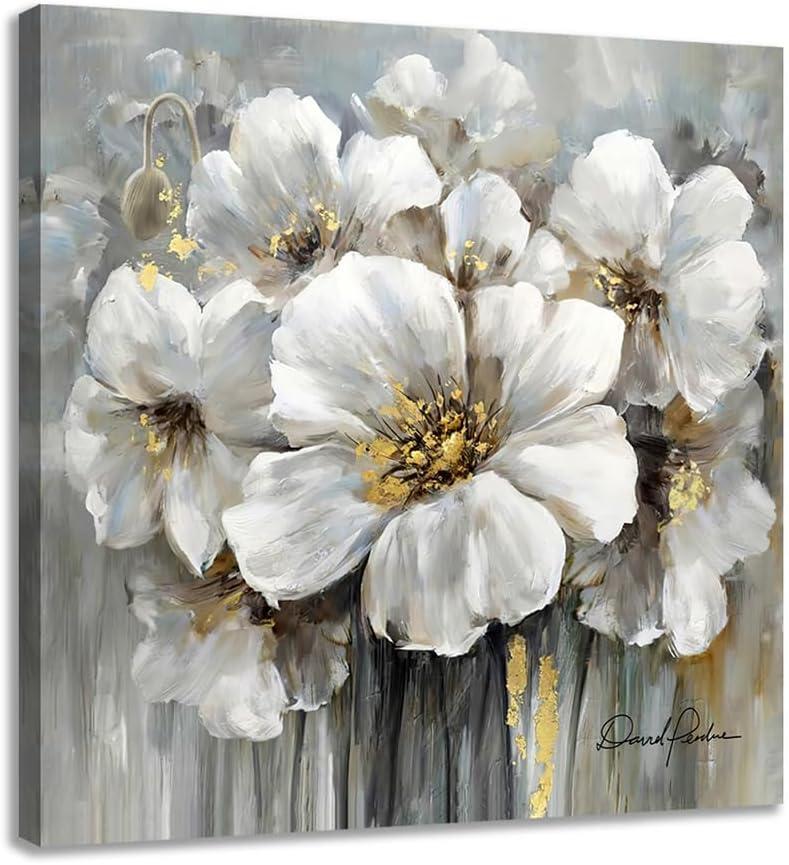 Square White and Gray Floral Canvas Painting with Gold Accents