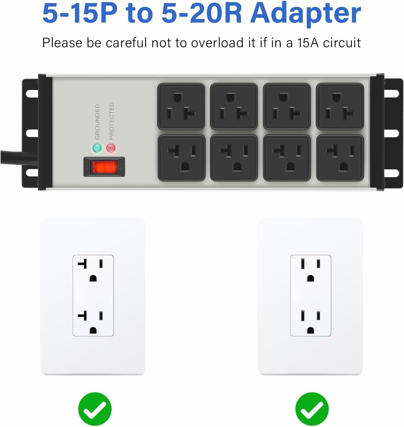 Heavy Duty Power Strip Surge Protector 20 AMP, 8 Outlets 12 Gauge Industrial Shop Garage Metal Multiple Outlets, 15 FT Extension Cord 5-15P Adapter High Amp 6-20R T-Slot 20a for Appliance