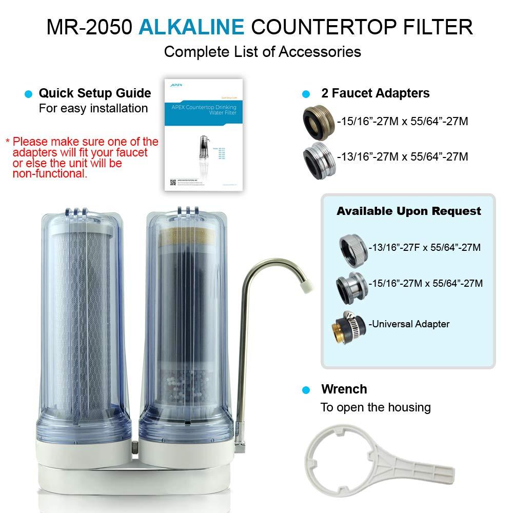 APEX EXPRT MR-2050 Dual Countertop Water Filter - Carbon and Mineral pH Alkaline, Easy Install Faucet - Reduces Heavy Metals, Bad Taste and Up to 99% of Chlorine (White)