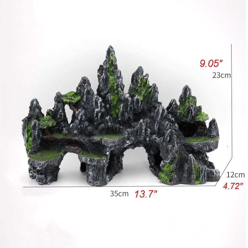 PakyKai Large Fish Tank Decorations, Mountain View Aquarium Ornament with Tree House Cave Bridge Artificial Plastic Plants Aquarium Decorations