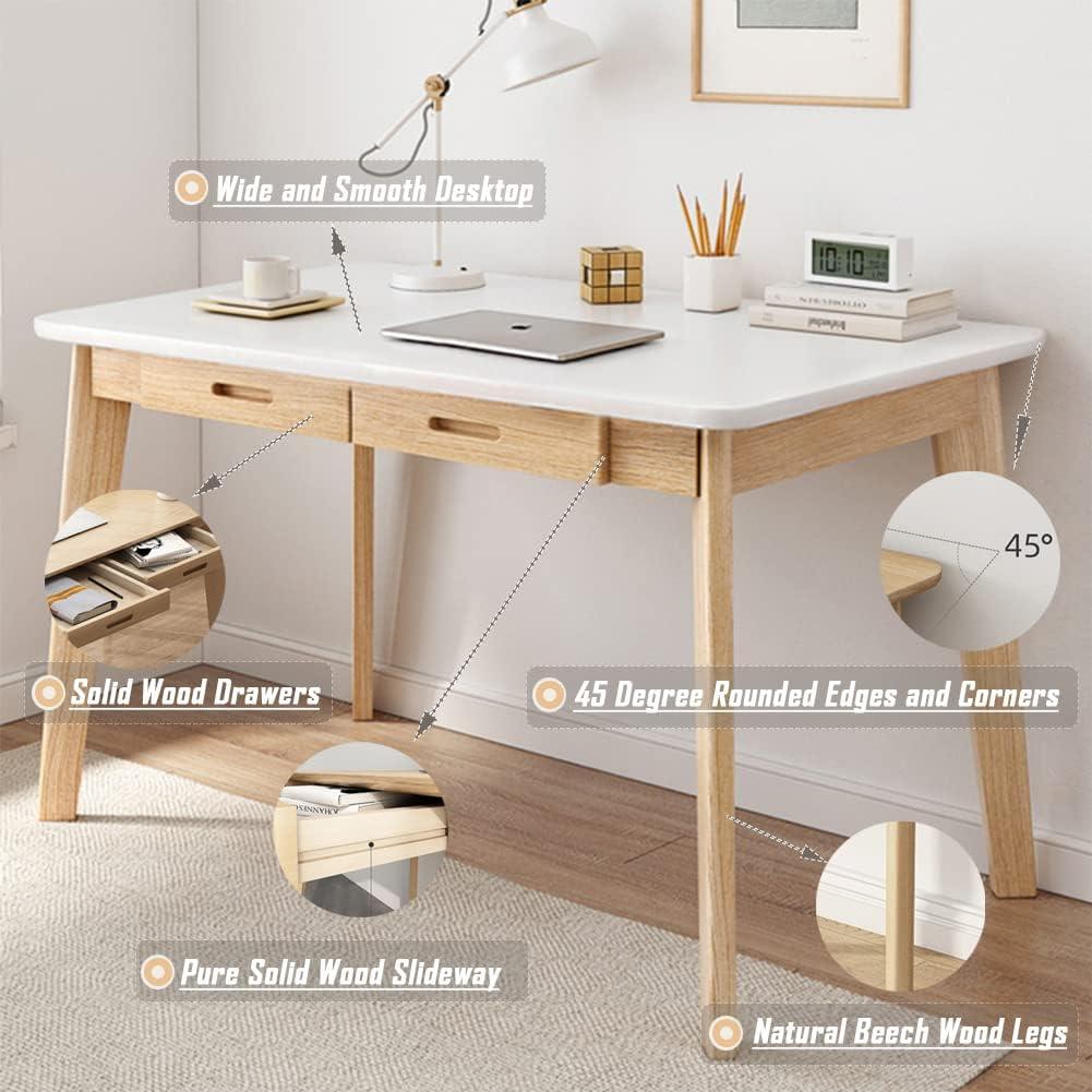 IOTXY Solid Wood Writing Desk - Home Office Workbench Desk with Drawer, 31.5" Width Laptop Computer Work Study Table in White