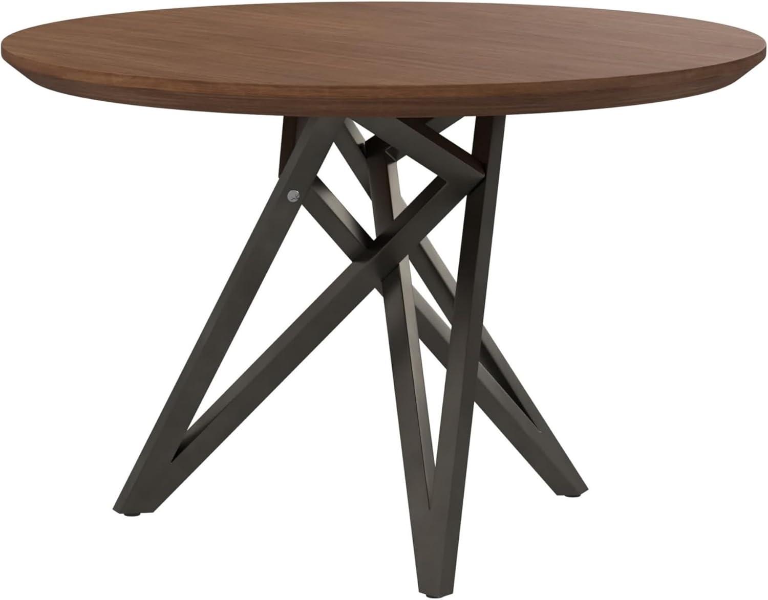 Benjara Kimya 47 Inch Dining Table, Round Wood Top, Angled Steel Legs, Brown, Black