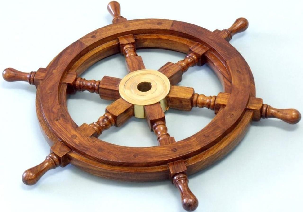 Deluxe 12'' Brown Wood and Brass Nautical Ship Wheel