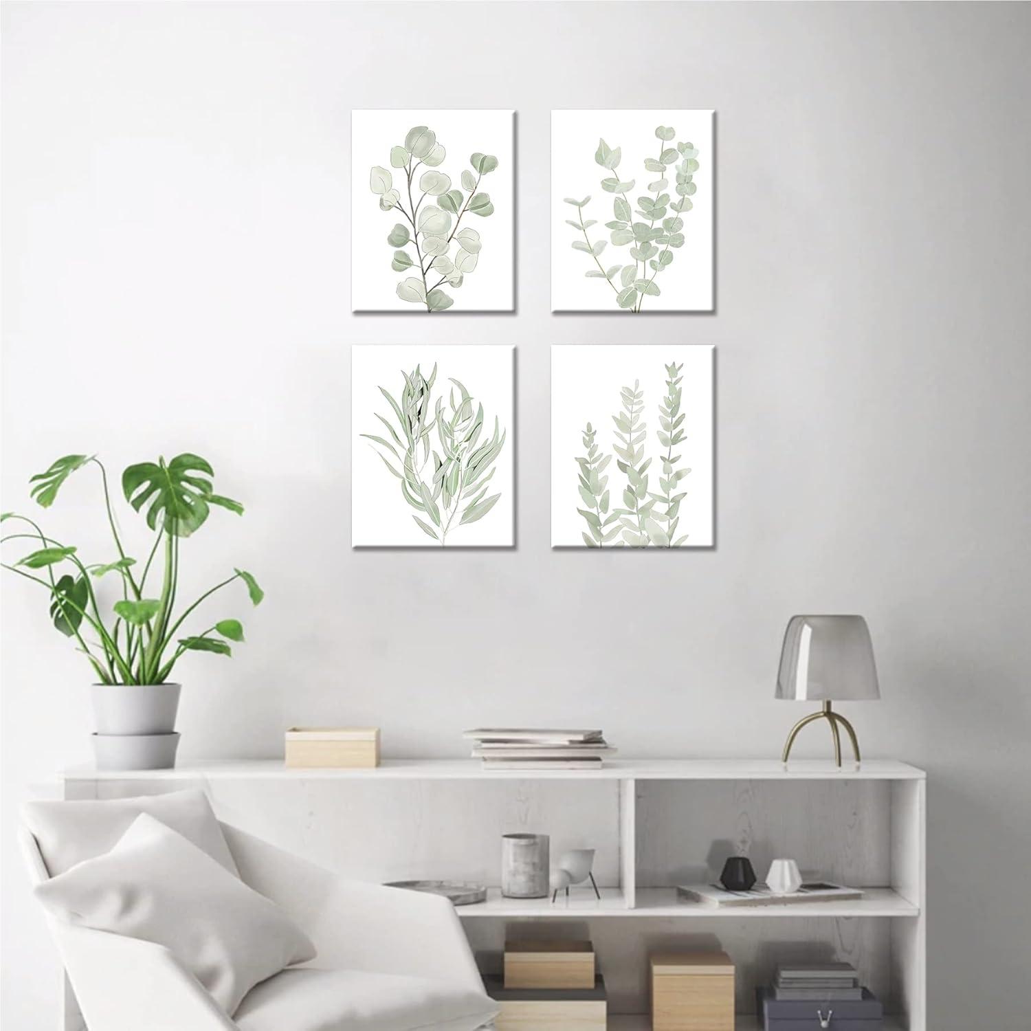 Drsoum Botanical Eucalyptus Light Green Boho Plant Canvas Framed Wall Art Decor 8"x 10" Set of 4