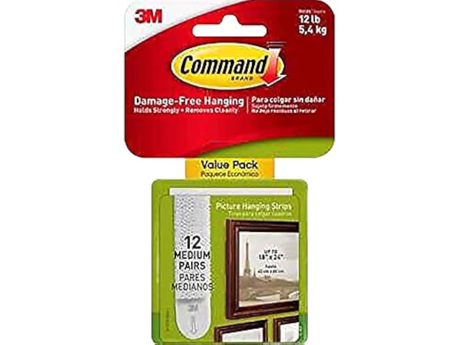 Command 12 Sets of Strips Picture Hanging Strips Value White: Plastic Adhesive Strip for Hanging Pictures Without Nails
