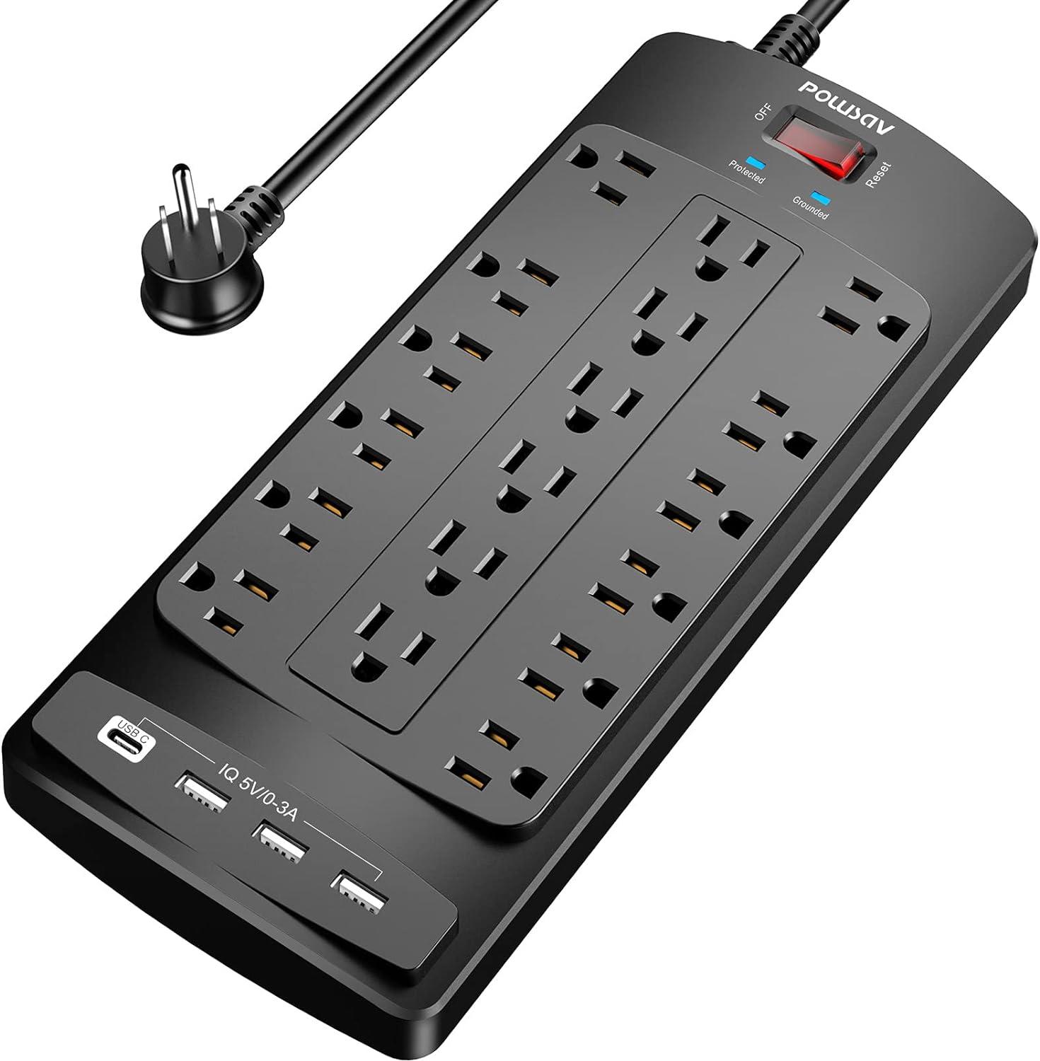 Heavy Duty Black 18-Outlet Surge Protector Power Strip with USB Ports