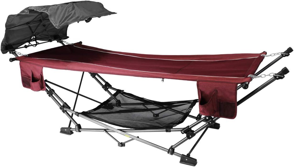 Red Folding Metal Framed Hammock with Retractable Canopy