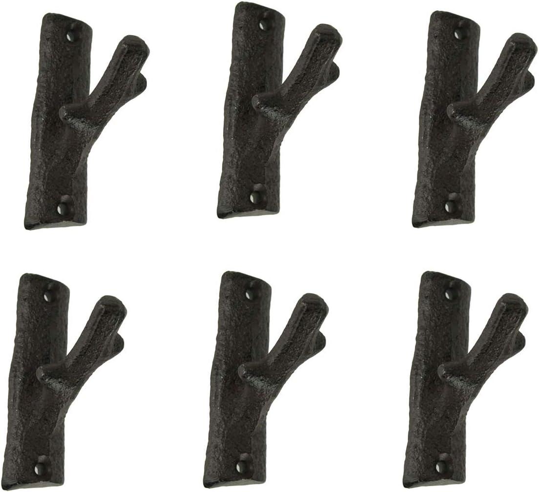 Ebros Gift Brown Cast Iron Rustic Tree Branch Wall Hook Set of 6 Small