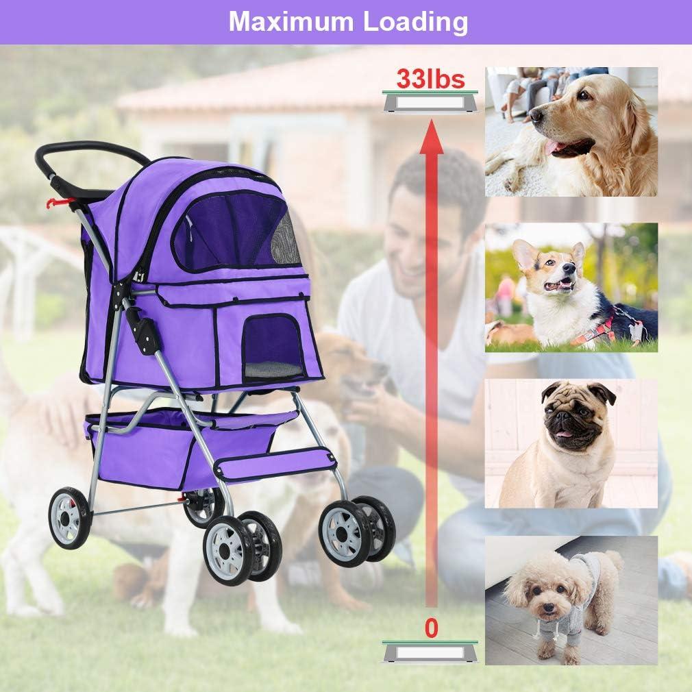 BestPet Pet Stroller Cat Dog Cage Stroller Travel Folding Carrier, Purple, 4 Wheels