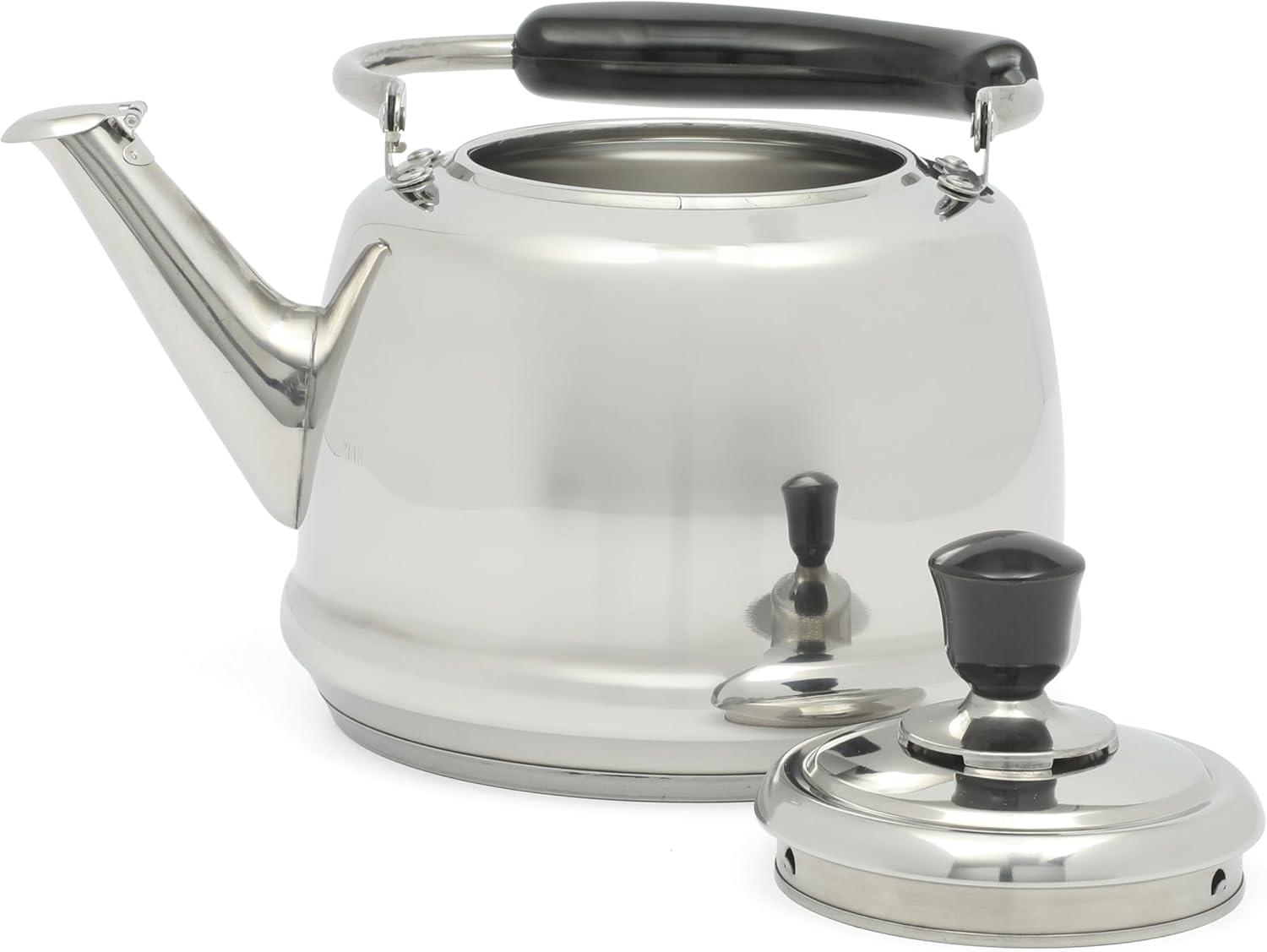 Large Stainless Steel Whistling Tea Kettle with Black Handle