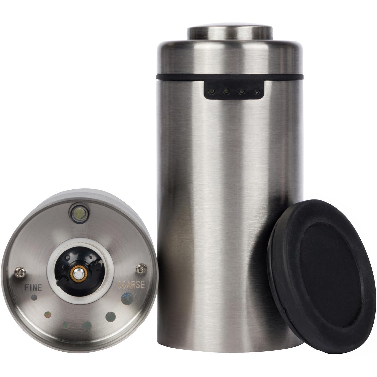 Electric Salt and Pepper Grinder Set - Battery Operated, Stainless Steel Shakers with Adjustable Fine & Coarseness, One Handed Operation, LED Light & Complimentary Mill Rest Tray