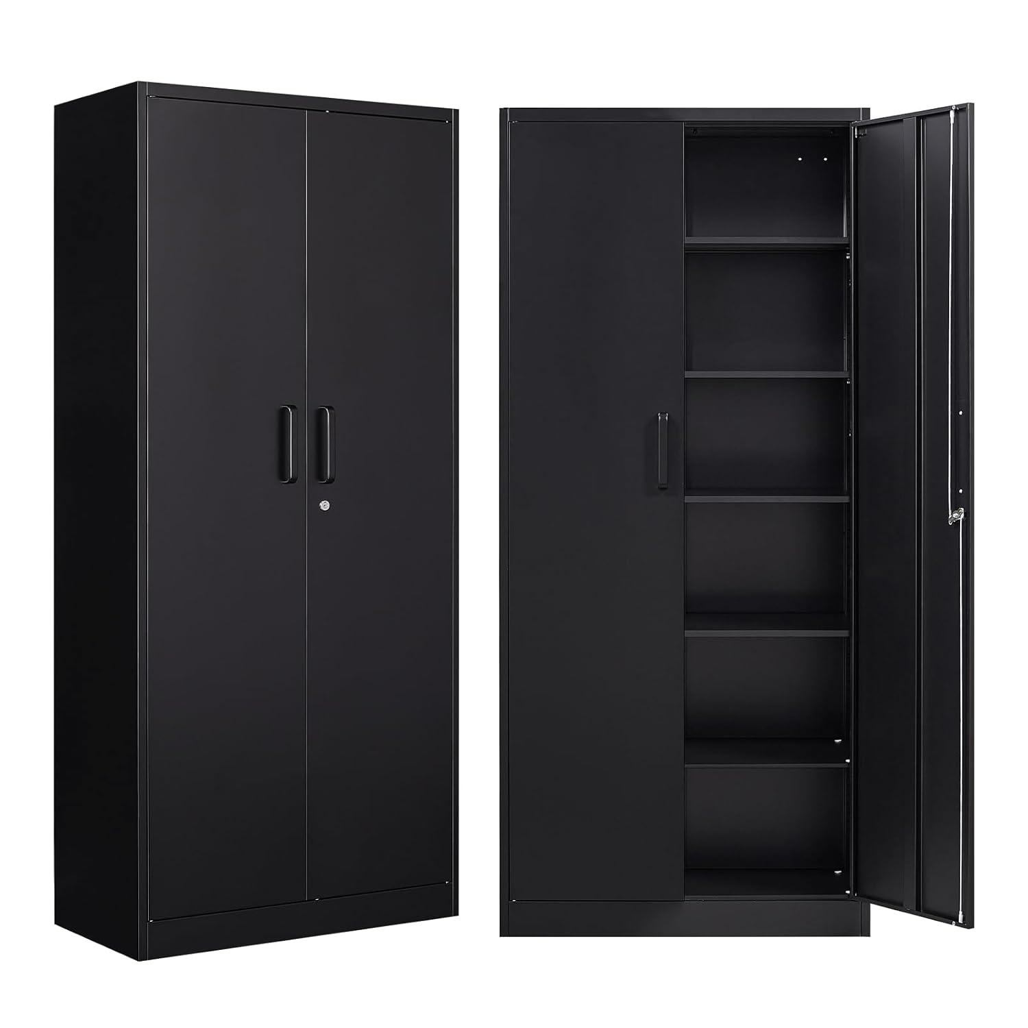 Metal Storage Cabinets with Lock, 71" Garage Storage Cabinet with 2 Door and 5 Adjustable Shelves, Steel Lockable Tool Cabinets for Home, Office, Gym, Garage
