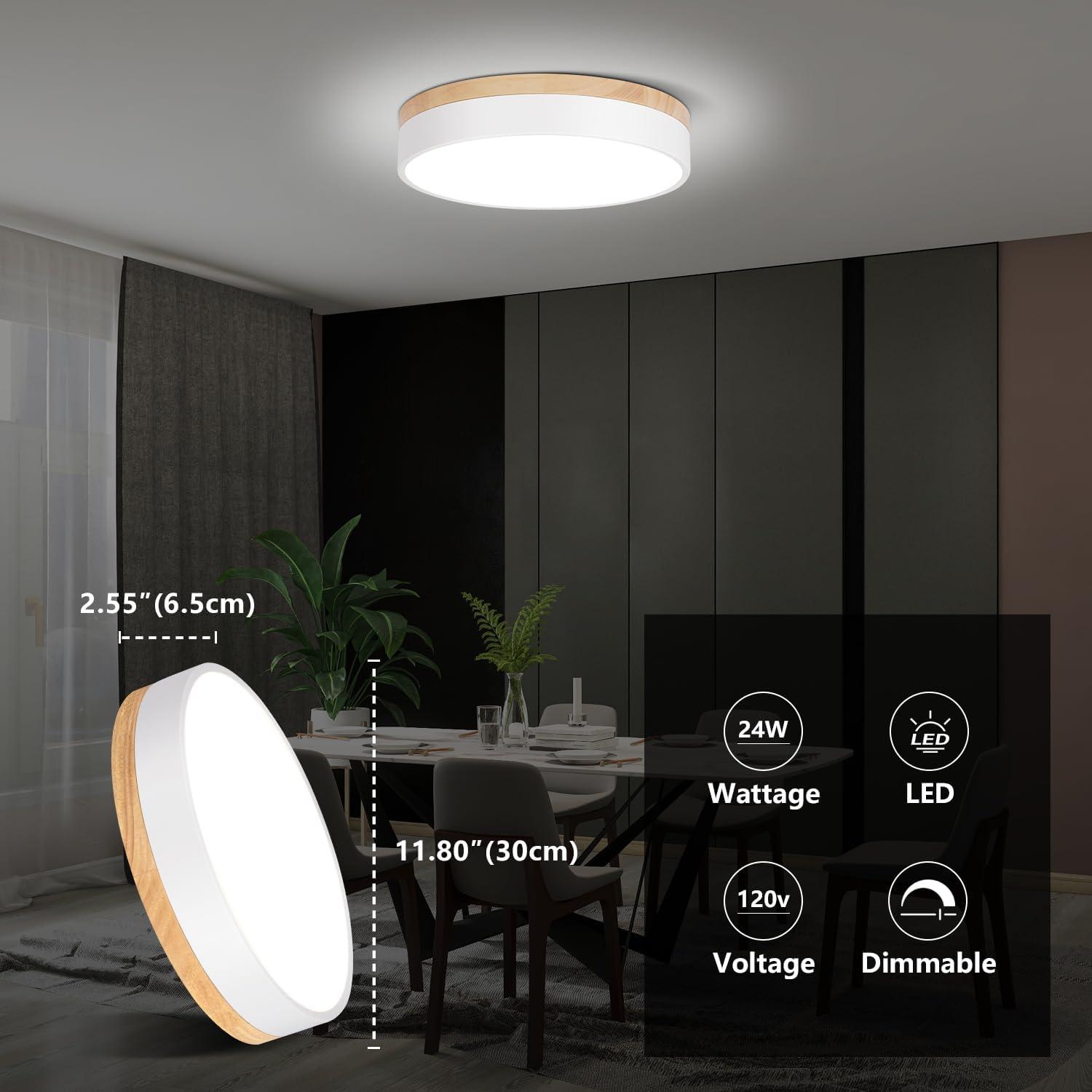 Modern Oak and White LED Flush Mount Ceiling Light