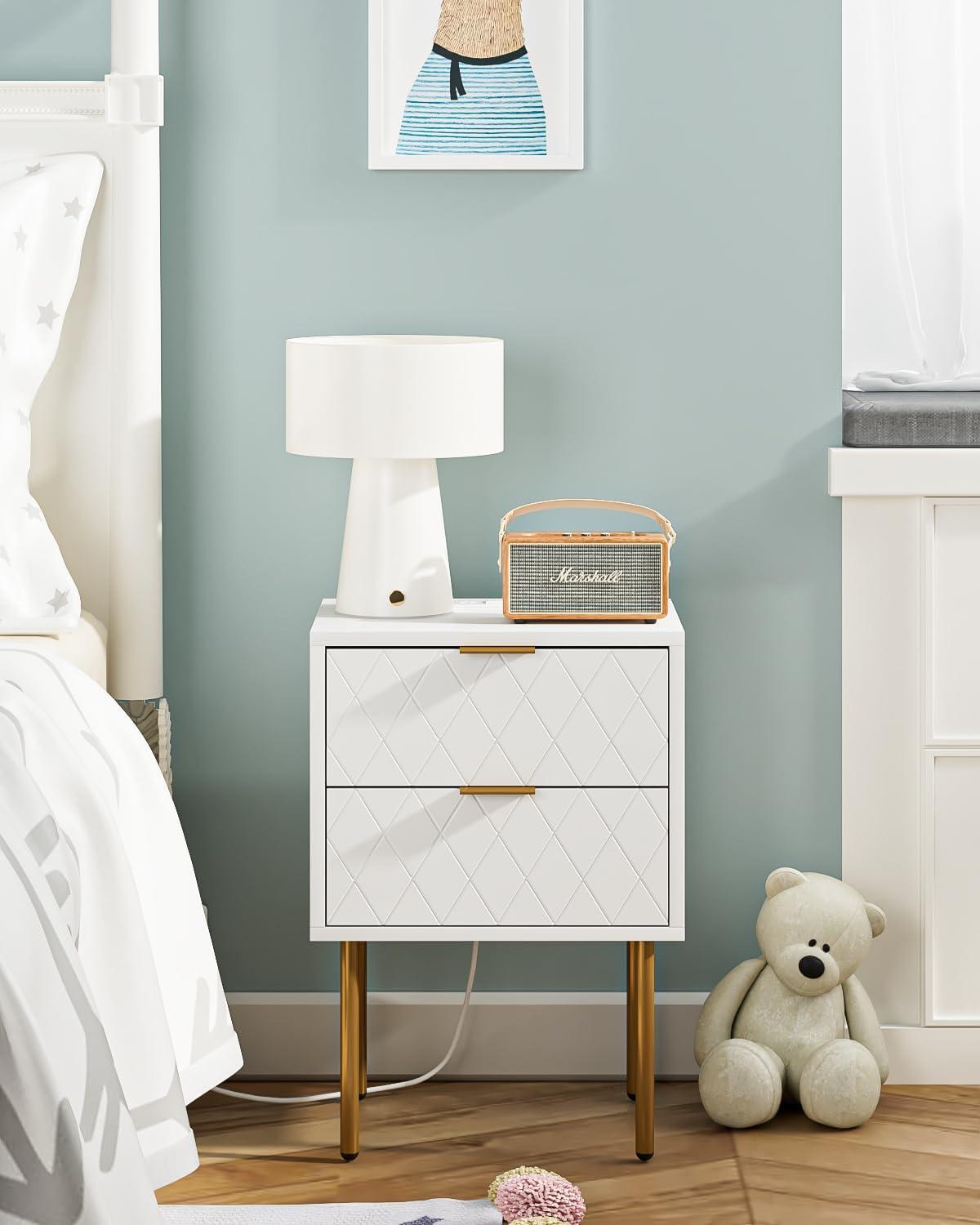 White and Gold Modern Nightstand with Drawer and Shelf