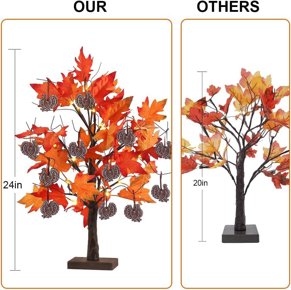 Fall Decorations For Home, 24”/2FT Lighted Fall Maple Leaves Tree With 24LT Warm White Leds For Autumn Decor, 12 Wood Acorns Ornaments Battery Powered Timer For Home Decor, Thanksgiving