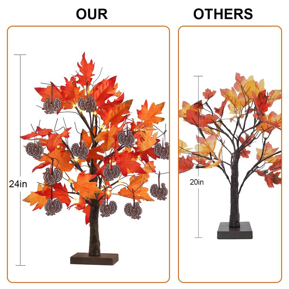 Fall Decorations For Home, 24”/2FT Lighted Fall Maple Leaves Tree With 24LT Warm White Leds For Autumn Decor, 12 Wood Acorns Ornaments Battery Powered Timer For Home Decor, Thanksgiving